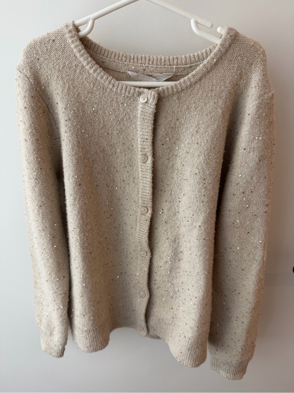 Girls Cream Button-Front Sweater Cardigan with metallic gold accents, size 10